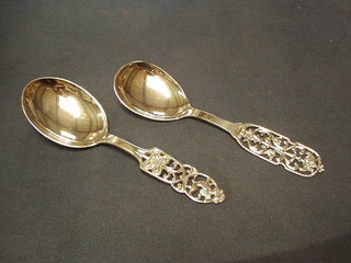 2 "Swedish" silver serving spoons with pierced handles, 3 ozs