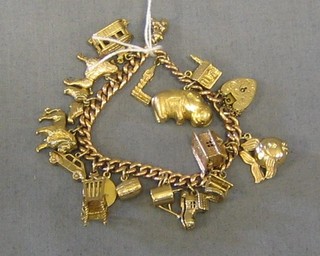 A 9ct gold curb link charm bracelet hung 17 charms with heart shaped padlock clasp, hippopotamus, church, Palace of Westminster, seated pixie, cable car, poodle, pair of shoes, lion, motor car, kitchen chair, St Christopher, barrel, watering can, boot in the form of a house, wishing well, house and fish
