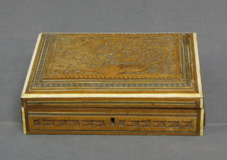 A Burmese carved hardwood trinket box with hinged lid and ivory banding 8"