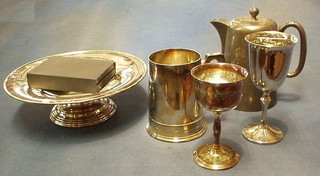 A silver plated hotwater jug, a do. 1 pint tankard, 2 goblets, a circular pedestal bowl and a modern pocket compass