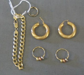 A modern 9ct gold bracelet, 2 pairs of gold hoop earrings and a small silver paste set brooch