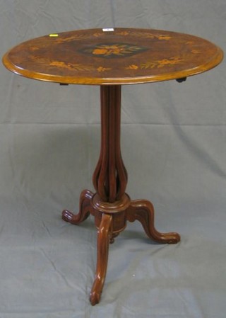 A Victorian Continental oval inlaid figured walnutwood and marquetry snap top wine table, the top inlaid flower heads and raised on a bulbous fret work, column and tripod support 24"