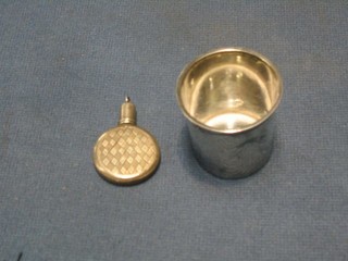 A silver circular perfume flask 1" and a Continental silver spirit measure 1 1/2"