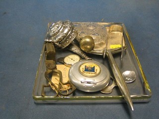 A pair of Victorian silver plated Old English pattern sugar tongs, an embossed "silver" claret jug mount, a cut glass hip flask and other plated sundries