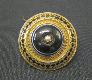 A Victorian gold and enamelled mourning brooch set a pearl, the reverse with lock of hair and engraved "Joseph A Thomson October 14th 1859 aged 56"