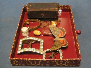 A 19th Century metal model of an insect 3", 2 18th/19th Century shoe buckles and a collection of curios