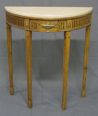 An Adams style pine demi-lune hall table with white veined marble top, raised on fluted chamfered supports ending in spade feet 28"