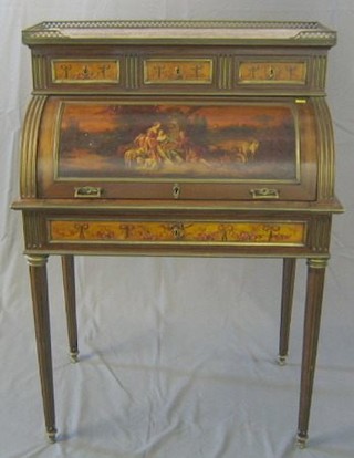 A 19th/20th Century French cylinder bureau, the upper section with pink veined marble top and pierced brass three-quarter gallery above 3 long drawers, the cylinder painted romantic scenes revealing a well fitted interior above writing slide, the base fitted a drawer raised on turned and fluted supports 32"
