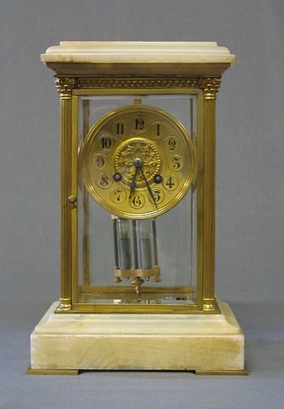 A 19th Century French 8 day striking 4 glass clock, the silvered dial with Arabic numerals, mercury twin pillar pendulum contained in an alabaster and gilt metal case