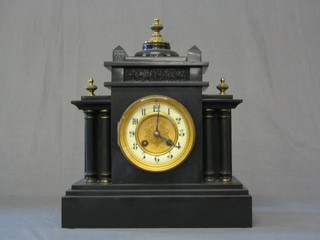 A Victorian French 8 day striking mantel clock with porcelain dial, Arabic numerals contained in a black architectural case by M Spiridon Paris