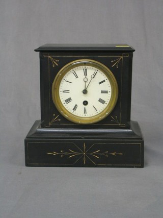 A Victorian 8 day mantel clock with porcelain dial Roman numerals, contained in a black marble case