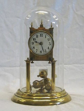 A 19th/20th Century 400 day clock with porcelain dial and Arabic numerals raised on brass columns complete with glass dome