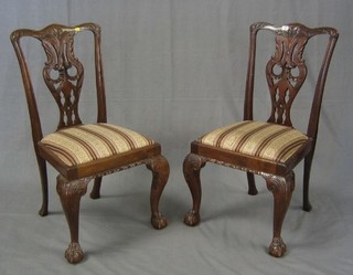 A pair of Chippendale style splat back dining chairs with upholstered drop in seats, on cabriole supports