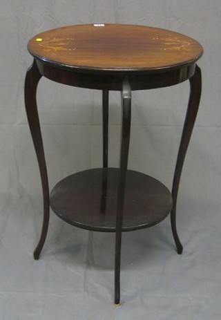 An Edwardian circular inlaid mahogany 2 tier occasional table, raised on cabriole supports 21"