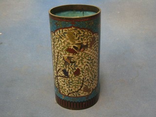 A 19th Century blue ground cylindrical cloisonne enamelled vase decorated birds amidst branches 7"