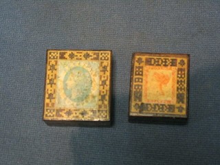 A square Victorian Tunbridge ware stamp box, the lid decorated a tuppenny blue 1 1/2" and other decorated a penny red 1 1/2"