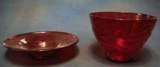 A Whitefriars red pedestal glass bowl and a Whitefriars pedestal glass dish 11"