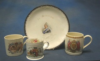 A Queen Victoria 1901 memorial plate, 10 various Coronation mugs, a George VI Coronation jug and bowl