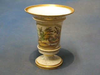 A 19th Century porcelain trumpet shaped vase with panel decorated landscape, 6"