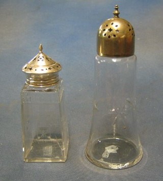 A cut glass sugar sifter with silver mount and 1 other