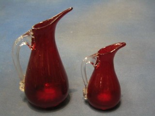 2 Whitefriars red glass vases with clear glass handles, 6" and 4"