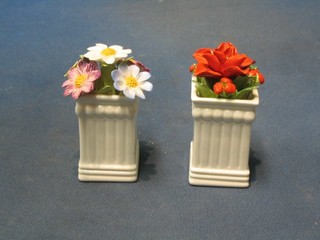2 Crown Staffordshire porcelain posys contained in square vases 4"
