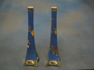 A pair of Carltonware blue ground square waisted specimen vases decorated flowers 12"