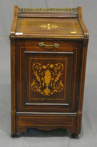 A Victorian inlaid rosewood coal purdonium with pierced brass gallery 14"