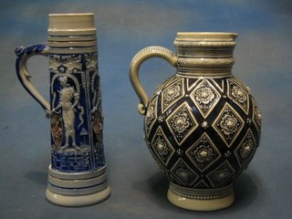 A German salt glazed jug decorated Knights 9" and 1 other baluster shaped German salt glazed jug 8" (2)