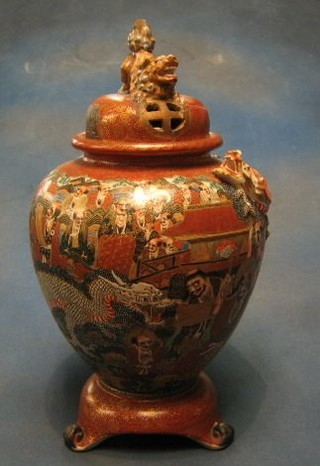 A fine quality 19th Century late Satsuma Japanese porcelain urn and cover, decorated court figures and decorated a dog of fo, 16" (f and r)