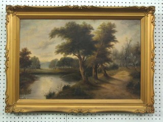 E Renap? oil painting on canvas "River with Figures" signed 16" x 24"