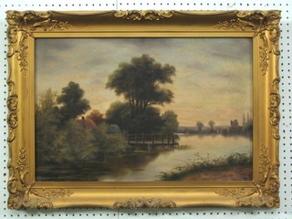19th Century oil painting on canvas "River with Building in Distance with Cottage and Jetty" indistinctly signed 15" x 23"