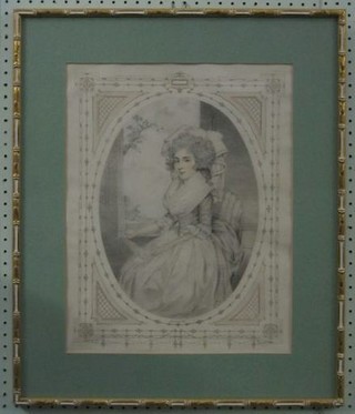 An Edwardian 18th Century style fashion plate of a seated lady 14", oval, in a gilt bamboo finished frame