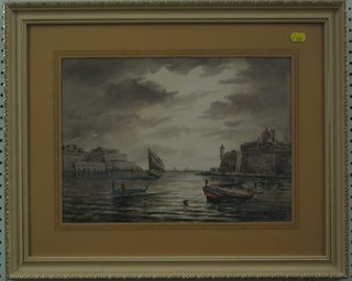 J Galtea, watercolour drawing "The Grand Harbour Malta" signed and dated '74 11" x 15"