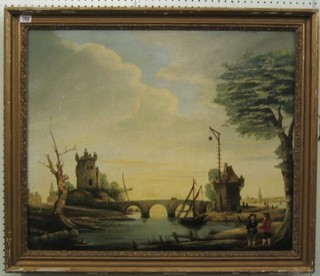 19th Century Dutch School, oil painting on canvas "Study of a Canal with Bridge and Windmill" 24" x 29"