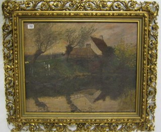 E Axiiiasfe?, oil painting on canvas "Cottage by a Pond" 20" x 25" contained in a decorative gilt frame