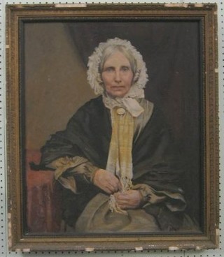 A 19th Century half length portrait of a seated, bonneted old lady, 24" x 19"