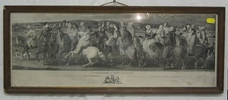 A 19th Century monochrome print "Pilgrims to Canterbury" 9" x 24" contained in an oak frame
