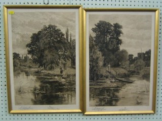 A pair of monochrome prints after R Haltnight, "River Scenes" signed in the margin 18" x 12"