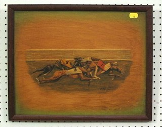 J Cloise, oil painting on board "Racing Greyhounds" 12" x 15"