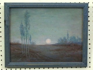 Authur Fraiser, impressionist oil on board, "Rural Moonlit Scene" 9" x 12" monogrammed AH