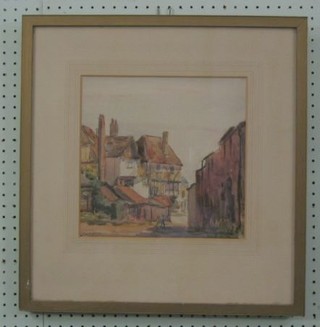 D  K Marshall, watercolour drawing "Half Timbered House and Figures" 11" x 11"