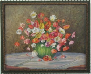 J West oil painting on canvas "Vase of Flowers" signed 16" x 19"