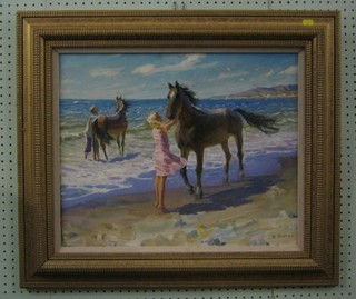 Mykola Yakovenko, impressionist oil painting on canvas "Young Girl with Horse on Beach" 17" x 22"