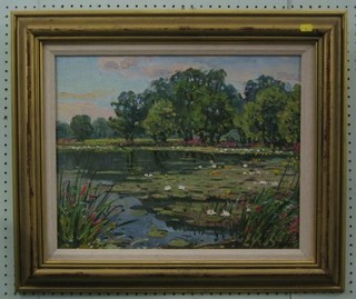 Volodymyr Zhugan, oil painting on canvas "Lake with Trees" 15" x 19"