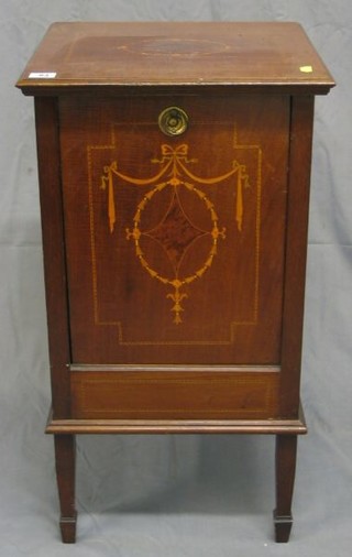 A square Edwardian inlaid mahogany coal purdonium raised on square tapering supports ending in spade feet 16"
