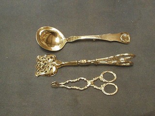 A "Swedish" silver serving spoon, a pair of sugar nips and a pair of sandwich servers