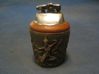 A Ronson table lighter contained in a wooden case with Eastern embossed silver panels, 4", with original cardboard carton