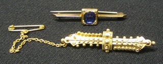 An Edwardian 15ct gold bar brooch and 1 other set a blue stone and diamonds