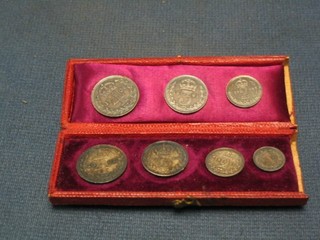 A Victorian 1887 set of Maundy money comprising fourpence, threepence, tuppence and penny together with a 1901 part set comprising fourpence, threepence and tuppence